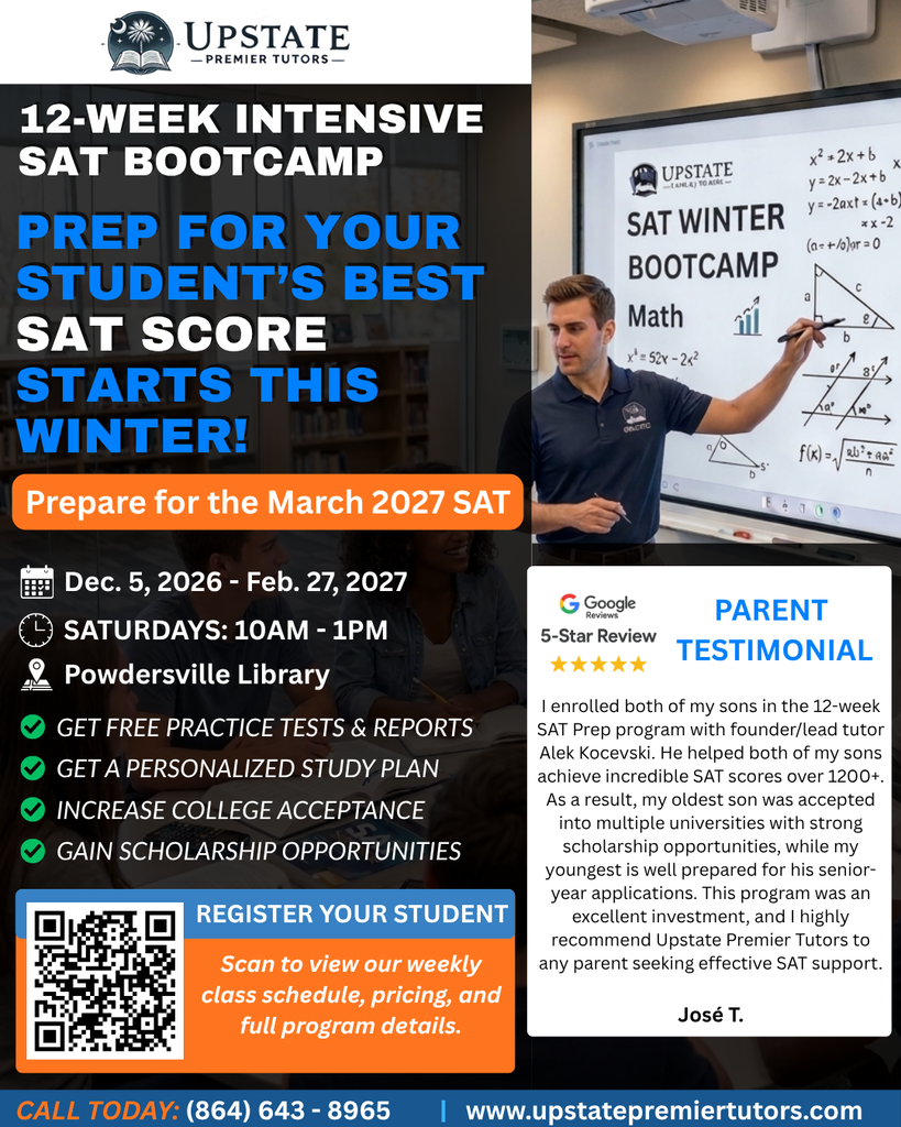 Informational Flyer about a 12 week SAT Bootcamp from Upstate Premier Tutors