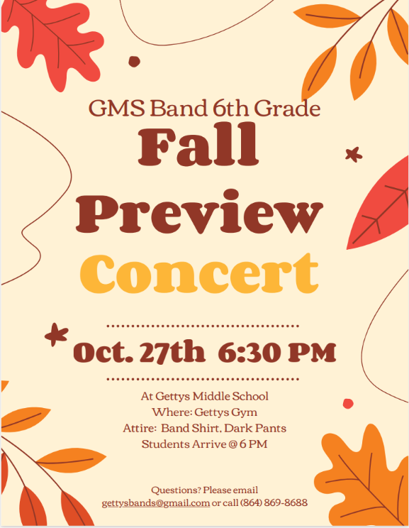 We look forward to our 6th grade Fall Preview Concert on October 27th at 6:30pm.  Please come and enjoy hearing how much our 6th graders have already learned.