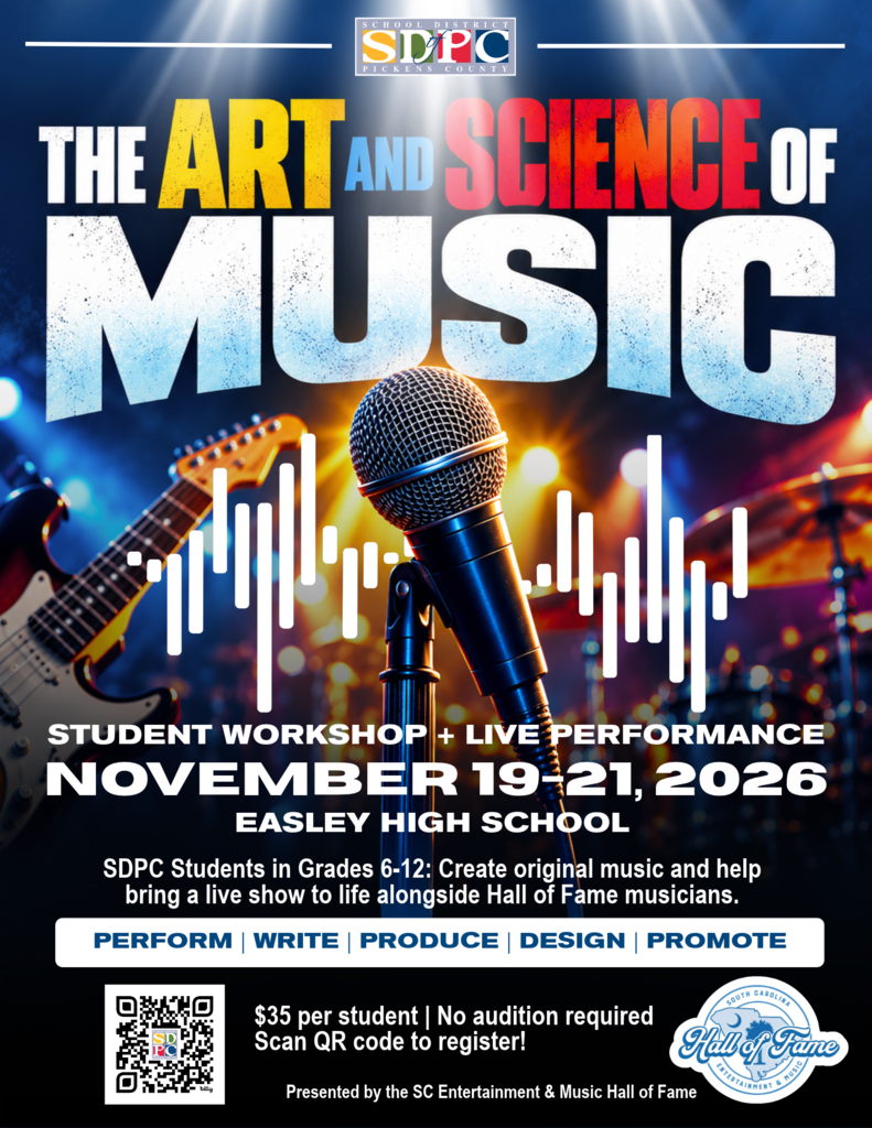 Promotional graphic for The Art and Science of Music featuring a microphone, electric guitar, colorful stage lighting, and sound waves.