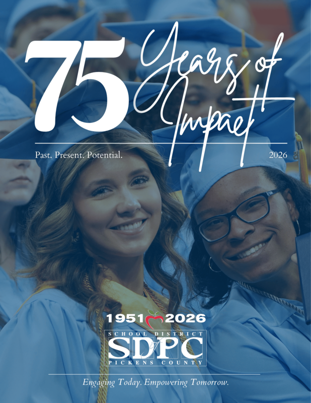 Cover of SDPC's "75 Years of Impact" commemorative magazine, featuring two smiling graduates in cap and gown