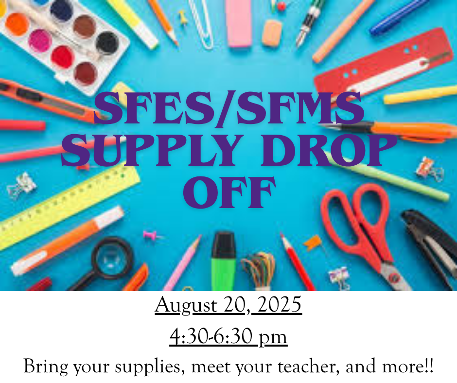 Mark your calendars.... August 20, 2025 is Supply Drop off night at Sheboygan Falls Elementary School & Sheboygan Falls Middle School. Before school starts on 9/2/25, bring your supplies, meet your teacher, and get ready for a great 25-26 school year!!