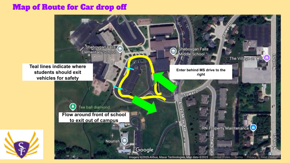 Map of how to enter the car loop for SFES. Please have students exit vehicles in front of school in between the teal lines on this map. 