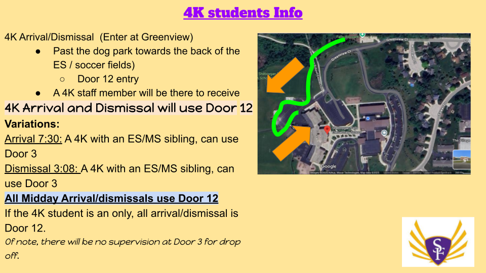 4K Arrival Information. The majority of 4K drop off and pickups will occur at Door 12-the northern  part of the building.  4K Teachers can help with more info for your family. 