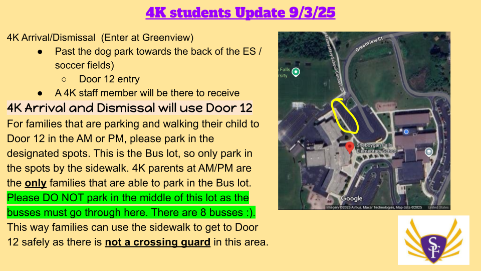 4K Arrival/Dismissal Parking Update: If 4K families are parking and walking their child to Door 12 please DO NOT park in the middle of the bus lot. Please use the spots circled on this map in order to ensure safety for all. Thx!