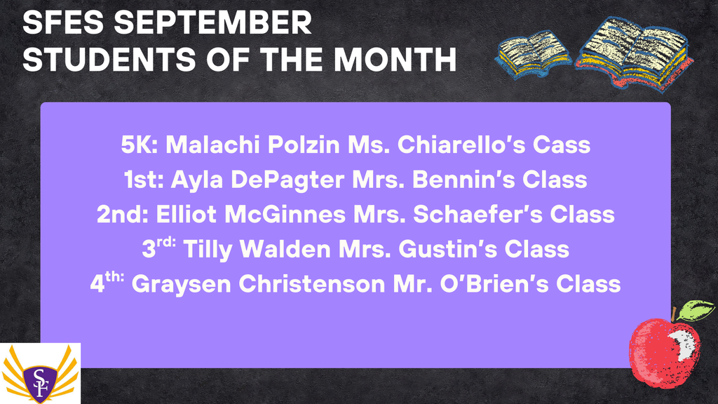 SFES September Students of the Month! These students show how to Be Safe, Be Respectful and Be Responsible every day!