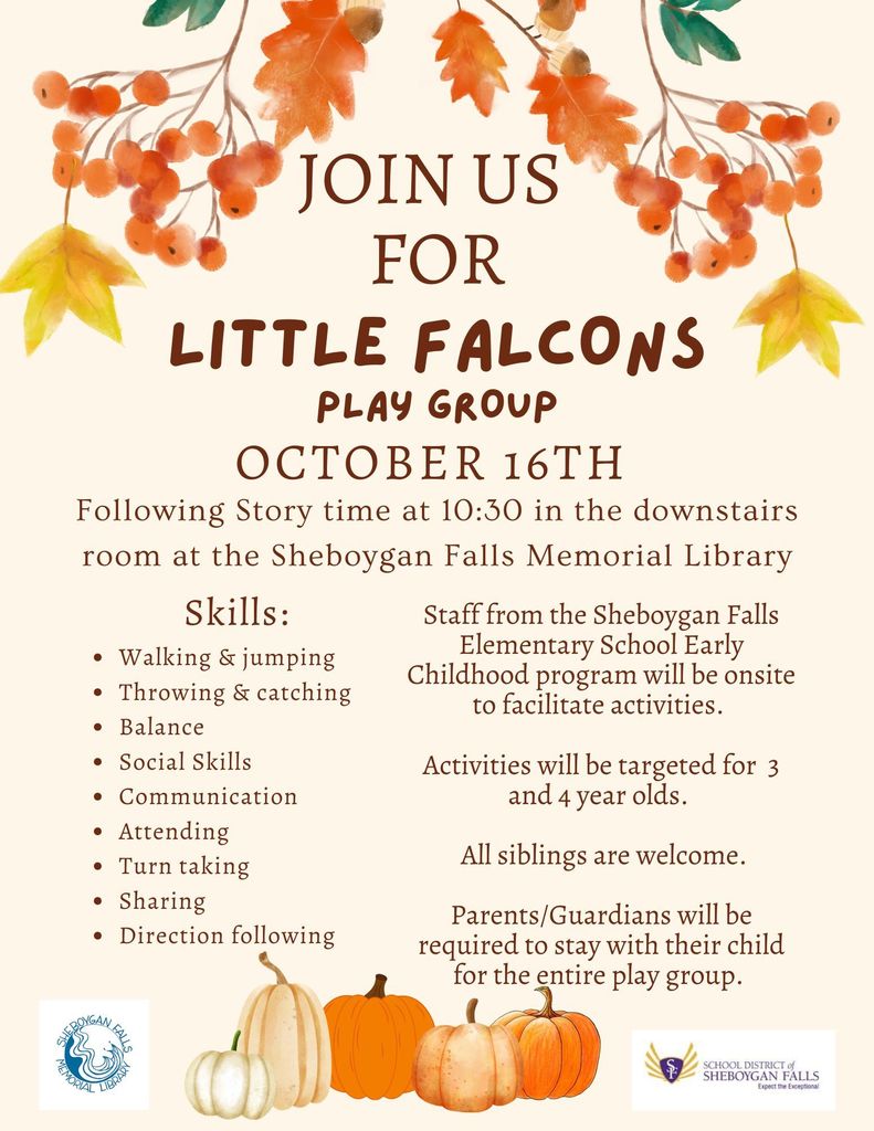 Little Falcons playgroup starts this week! Come join us on the third Thursday of the month at the Sheboygan Falls Memorial Library following story time!