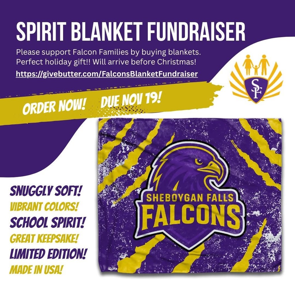 📣ONLY ONE WEEK LEFT TO ORDER!! 
Note: To ensure delivery prior to Christmas, orders will not be accepted after November 19.

Cost: $30 each
Blanket Details: 60” x 70”, ultra-soft plush, weighs 1.7 lbs
How to Order:
• Return the printed order form with payment (cash or check payable to Falcon Families of SFES) —printed order forms will be sent home with students next week
• Or order online at: https://givebutter.com/FalconsBlanketFundraiser
Delivery: Blankets will be sent home with students the week of December 15 (or sooner)

Thank you for supporting Falcon Families and helping us spread school spirit!
