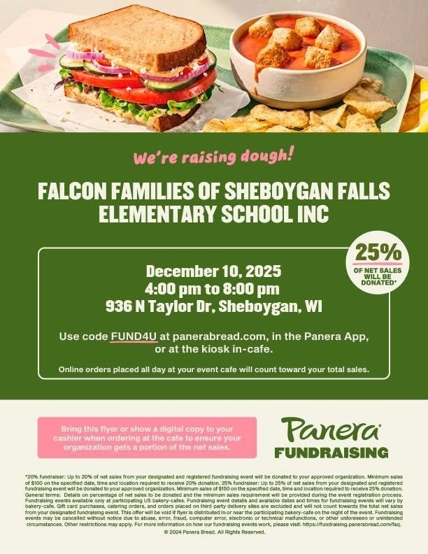 Panera Dine & Donate - Tonight!!
🍝Our next dine & donate is tonight at Panera from 4-8pm!
💜 They’ve generously agreed to donate 30% of sales to Falcon Families of SFES!
💻 For online orders, or when ordering from the kiosk in the restaurant, please use code: FUND4U — or show the event flyer to the cashier.