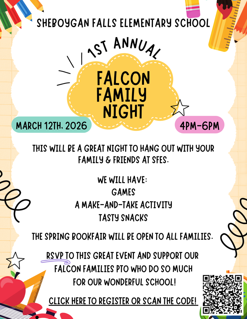 First Annual Falcon Family Night! You are invited March 12 to a SFES School-wide event in collaboration with the PTO Spring Book fair! Be sure to register to enjoy this great family event!