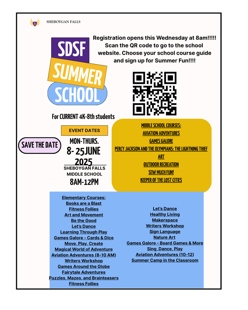 Summer School registration opens on Wednesday! Use the QR code to access the district summer school website. Choose the course guide for your school. You can access registration through the course guide or through the Summer school site. 