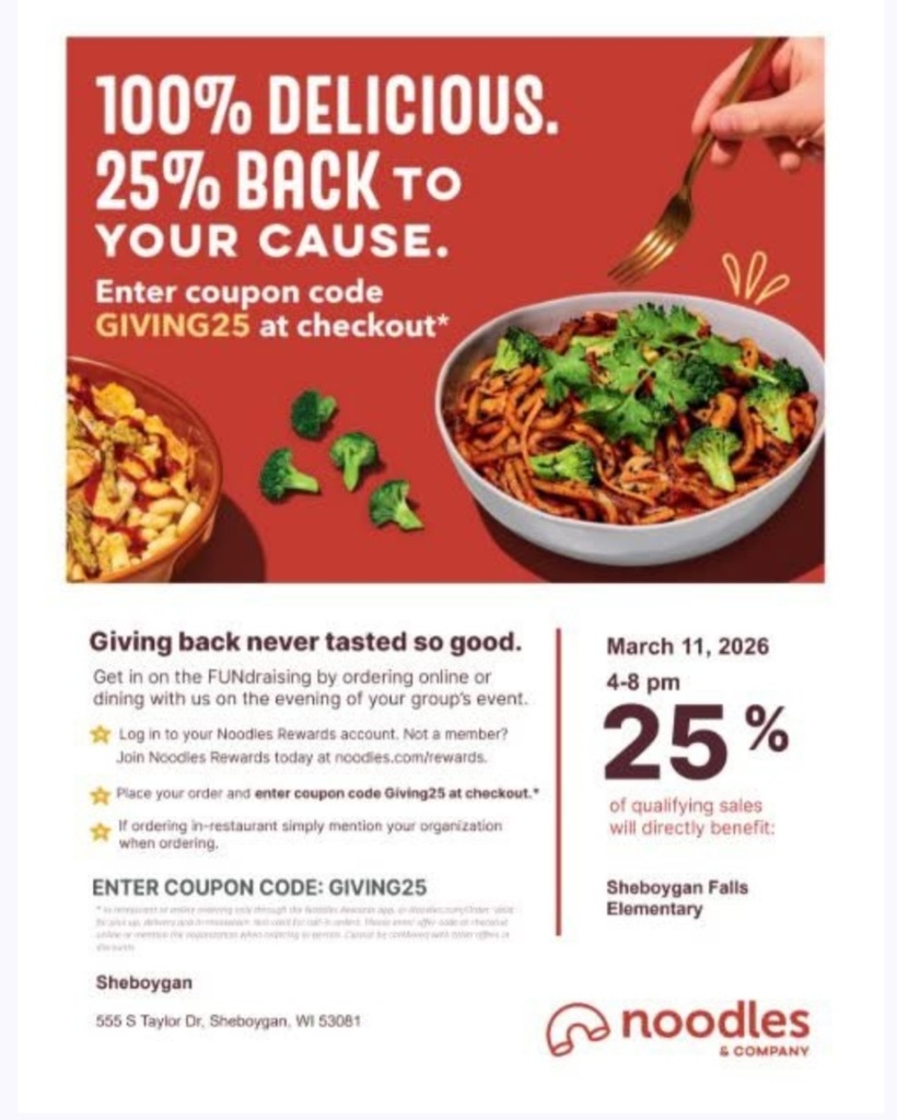 Dine & Donate tonight at Noodles & Co. from 4-8pm!  They’ve generously agreed to donate 25% of sales to Falcon Families of SFES! Enjoy a great meal and raise money for Sheboygan Falls Elementary School at the same time!  For online orders, please use code: GIVING25 — or show the event flyer to the cashier.