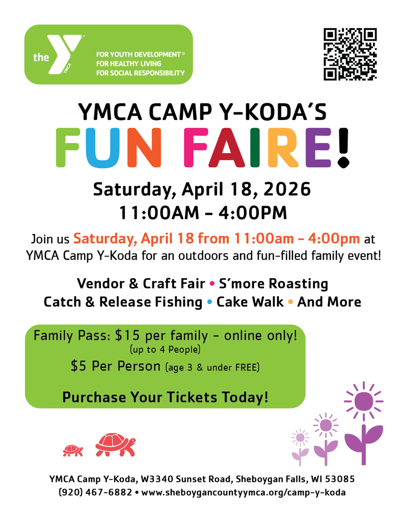 . On Saturday, April 18th we are hosting a Camp Y-Koda Fun Faire. We will have a Vendor & Craft Fair, S'more Roasting, Fishing, Carnival Games and more. This event is open to the public and all ages are welcome. Families are encouraged to sign up ahead of time on Camp Brain, but they can also purchase tickets at the door. Come and join our community partner!