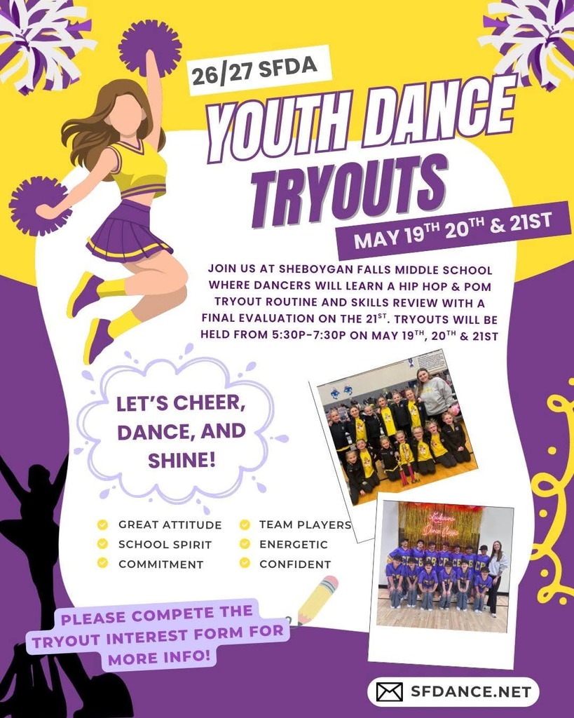 Youth Dance Tryouts!! May 19, 20, 21 5:30-7:30pm at Sheboygan Falls Middle School