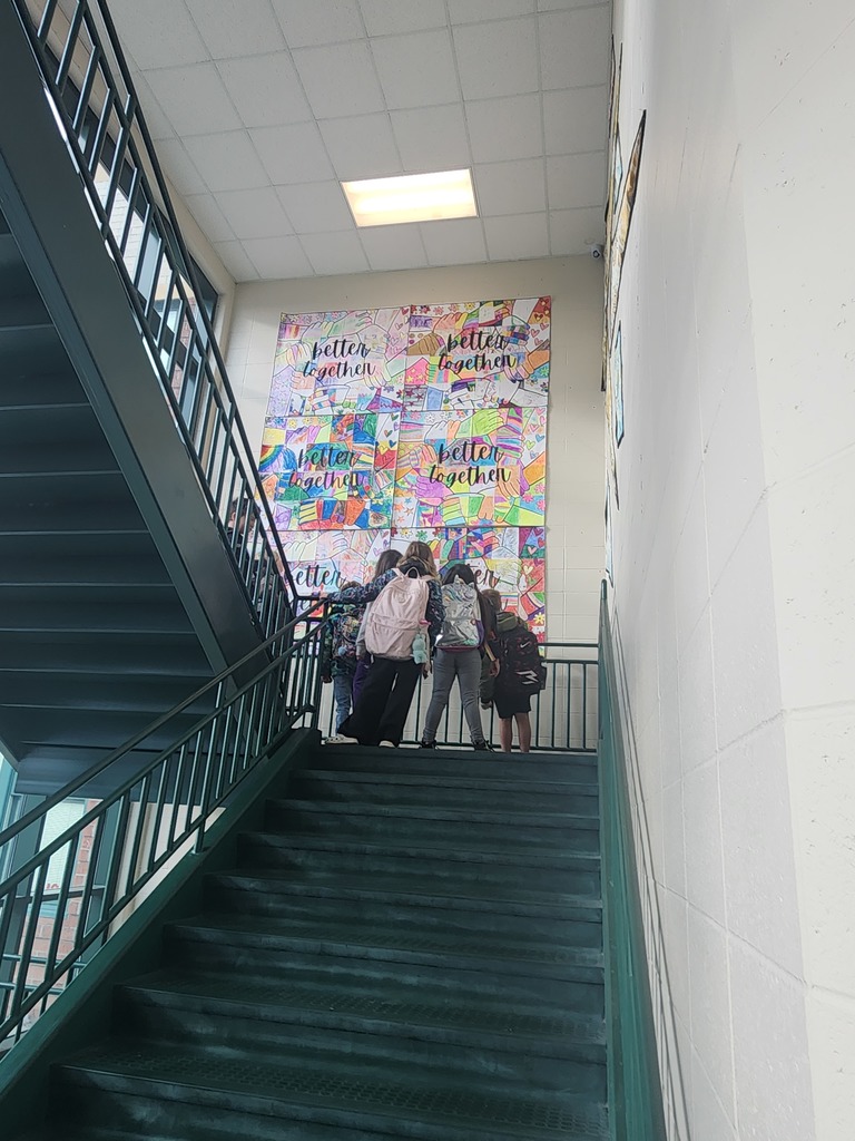 Better Together Art work!! On April 14, Mr. Hoes brought all of the grade levels together in the gym to create new murals for the stairwells. All 540+ students helped create these outstanding murals. Big thanks to our maintenance staff for hanging them!