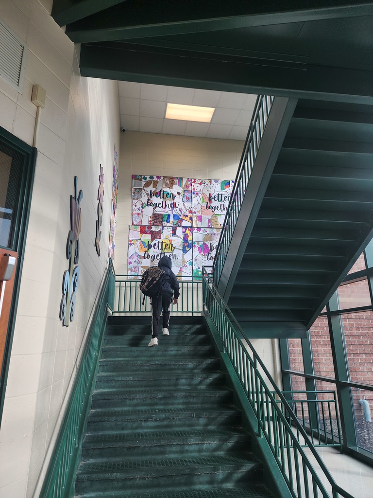 Better Together Art work!! On April 14, Mr. Hoes brought all of the grade levels together in the gym to create new murals for the stairwells. All 540+ students helped create these outstanding murals. Big thanks to our maintenance staff for hanging them!