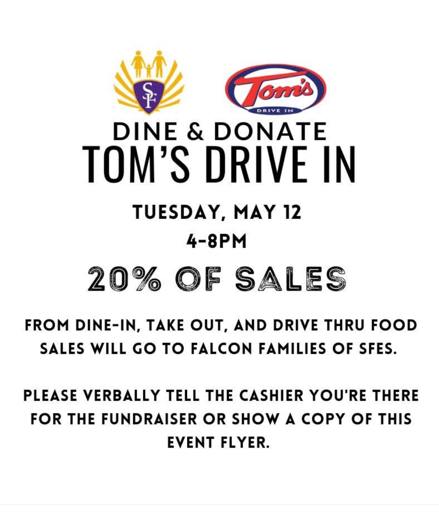 Looking for a no‑stress dinner tonight? Treat yourself to Tom’s Drive-In and support Sheboygan Falls Elementary School at the same time.  From 4-8 PM, Tom’s will be donating 20% of sales back to our school. 💜💛  Thank you for supporting our community and enjoying some delicious food along the way!