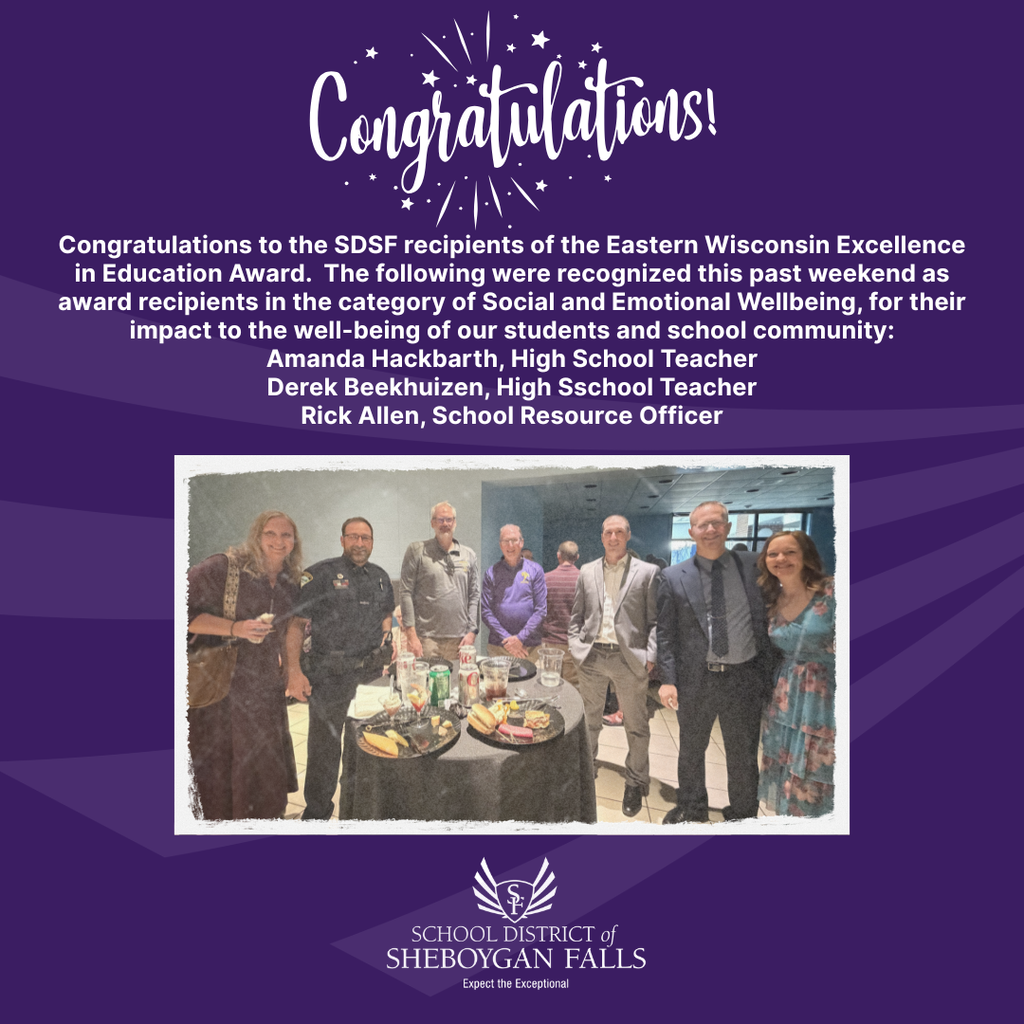 Congratulations to Amanda, Derek, and Rick, Eastern Wisconsin Excellence in Education Award recipients! We recognize your service and commitment to the SDSF students and community! Thank you!