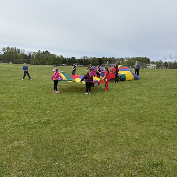 students playing with a parachute in a grassy area