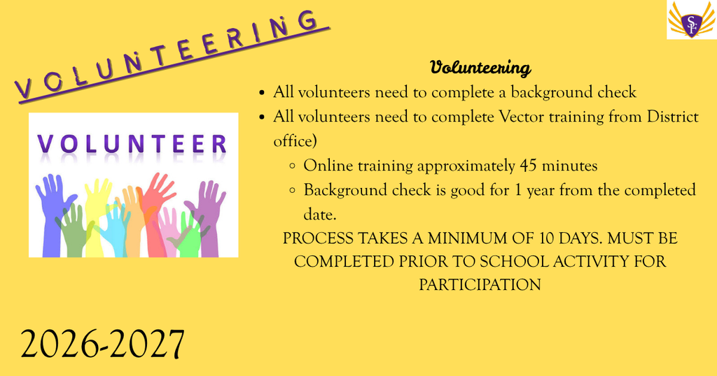 We love our volunteers! Volunteers must complete a background check https://securevolunteer.com/school-district-of-sheboygan-falls/home and online training prior to activity participation.  This process is good for 1 year. Thank you for supporting our schools with volunteering and safety!!