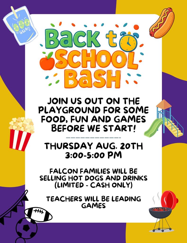 SFES Back to School Bash!!! Thursday August 20 3:00pm-5:00pm on the SFES Playground. Games, Information, Fun, Food and More!!!