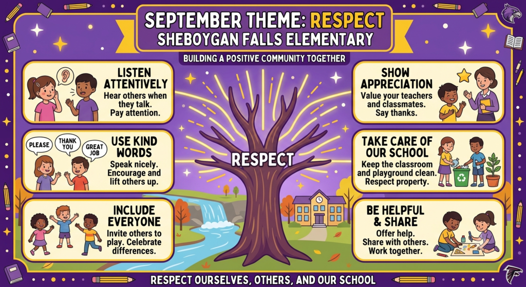 SFES Theme for September: Respect! We show respect by: listening attentively, using kind words, including everyone, showing appreciation, taking care of our school, and being helpful and sharing. Go Falcons!