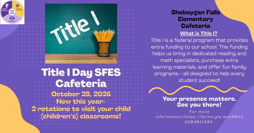 What is Title I? Title I is a federal program that provides extra funding to our school. This funding helps us bring in dedicated reading and math specialists, purchase extra learning materials, and offer fun family programs—all designed to help every student succee🌟 Join Us for Title I Day at SFES! 🌟  Calling all SFES families! You’re invited to join us for our annual Title I Day on October 28 at 7:40 in the Cafeteria.  🤔 What is Title I? Title I is a federal program that provides extra funding to our school. This funding helps us bring in dedicated reading and math specialists, purchase extra learning materials, and offer fun family programs—all designed to help every student succeed!d!