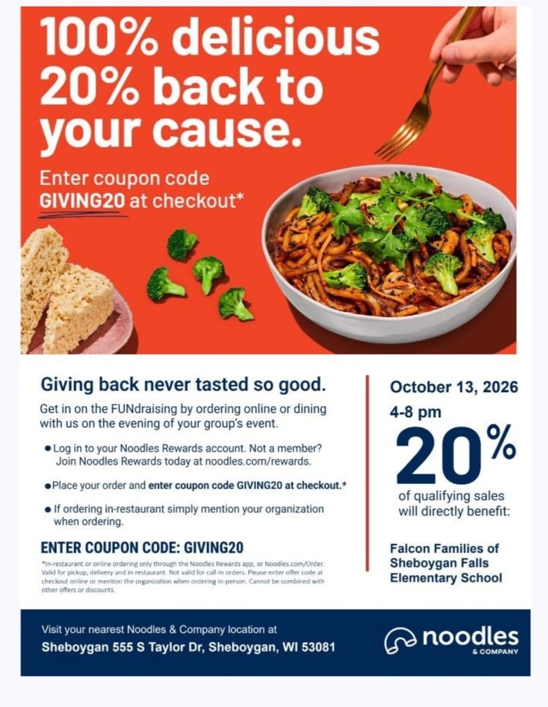 Dine & Donate tonight at Noodles & Co. from 4-8pm!

They’ve generously agreed to donate 20% of sales to Falcon Families of SFES! Enjoy a great meal and raise money for Sheboygan Falls Elementary School at the same time!

For online orders, please use code: GIVING25 — or show the event flyer to the cashier.