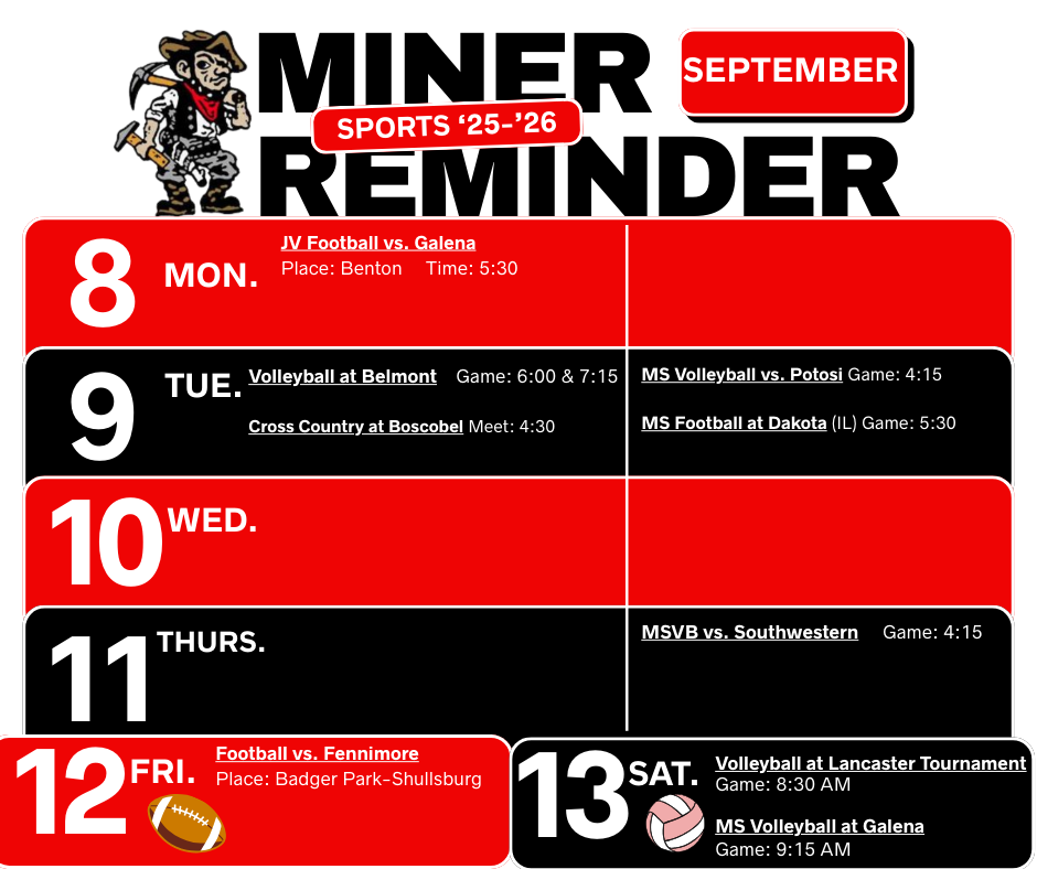 September 8-13, 2025 Miner Reminder 2025-2026 (Facebook Post)