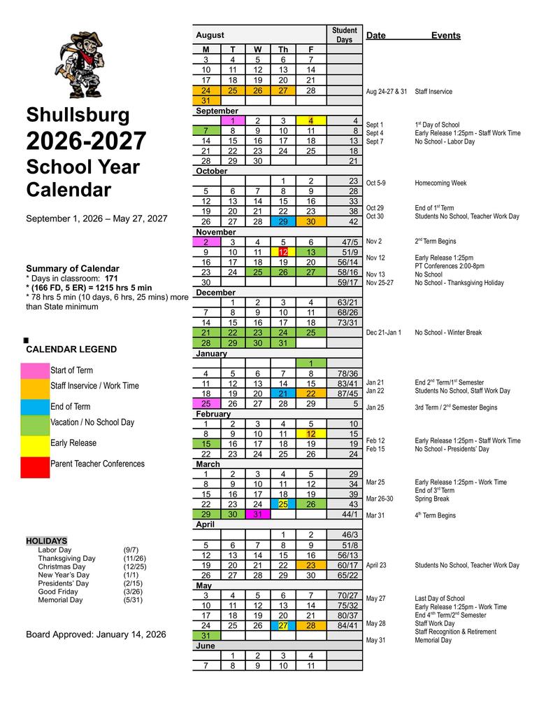 Shullsburg 2026-27 Calendar