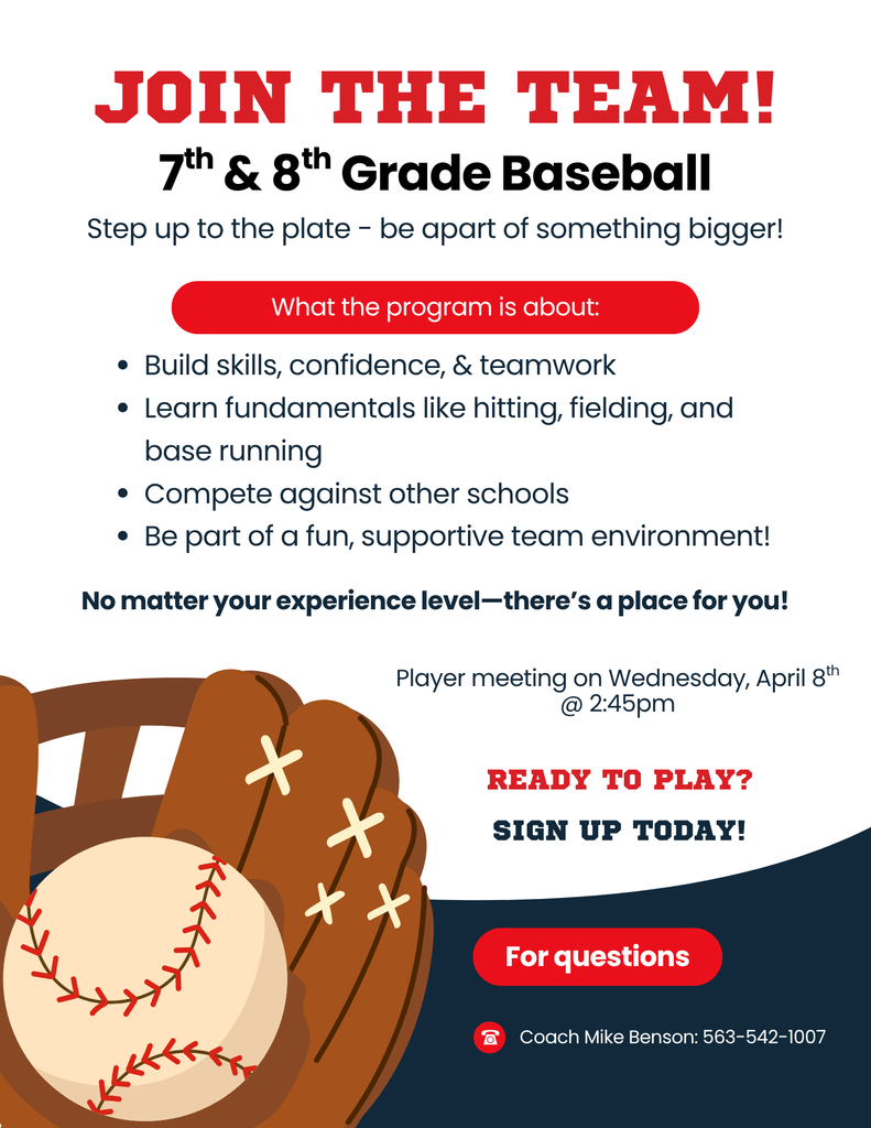 Middle School Baseball meeting 8th hour on Wednesday. 