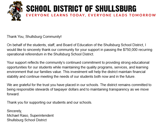 Thank you Shullsburg community!