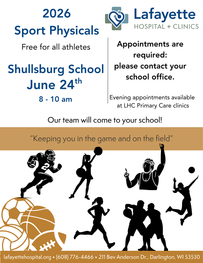 Free Sports Physical at Shullsburg School on June 24th from 8-10 AM. Email Sue at sschollmeyer@shullsburg.k12.wi.us or call 608-965-4427 x2 for appointments.
