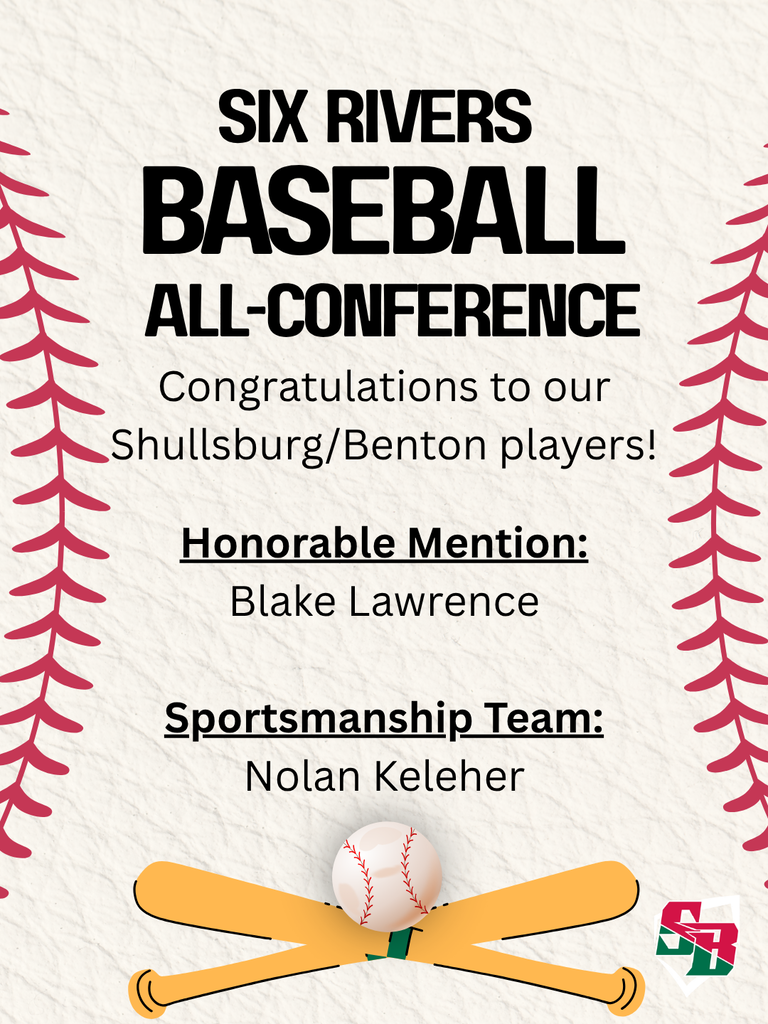 Poster with white background and red baseball stitching. Text reads: "Six Rivers Baseball All-Conference." Names include Blake Lawrence and Nolan Kelener.