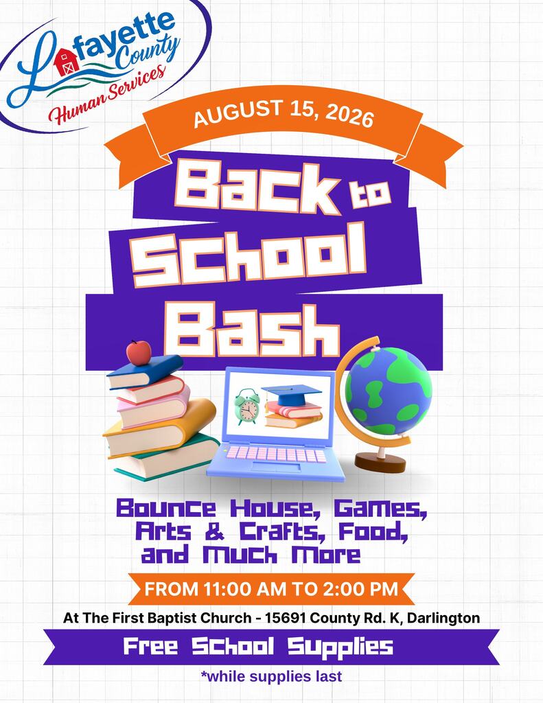 A poster promotes a Back to School Bash with activities like bounce houses, games, arts, crafts, food, and more.