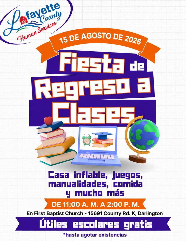 An event poster for "Fiesta de Regreso a Clases" on August 15, 2026. Features include books, a laptop, a globe, and a bouncy house.
