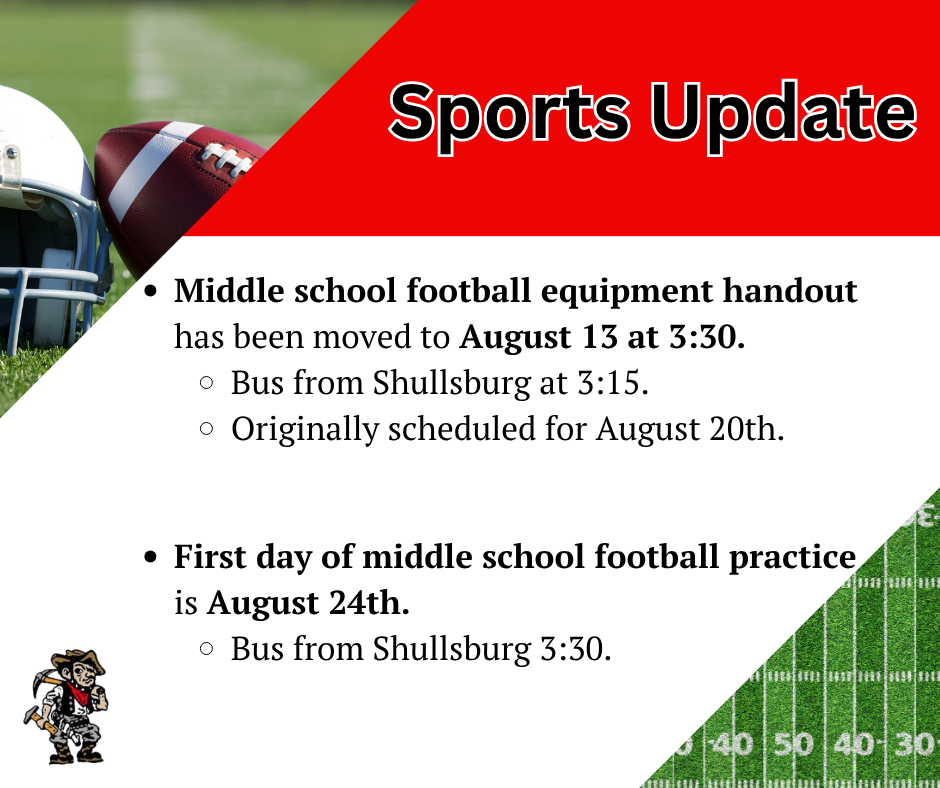 Red and white background with white text. Helmet and football on grass. Updates on middle school football practice and equipment handout.