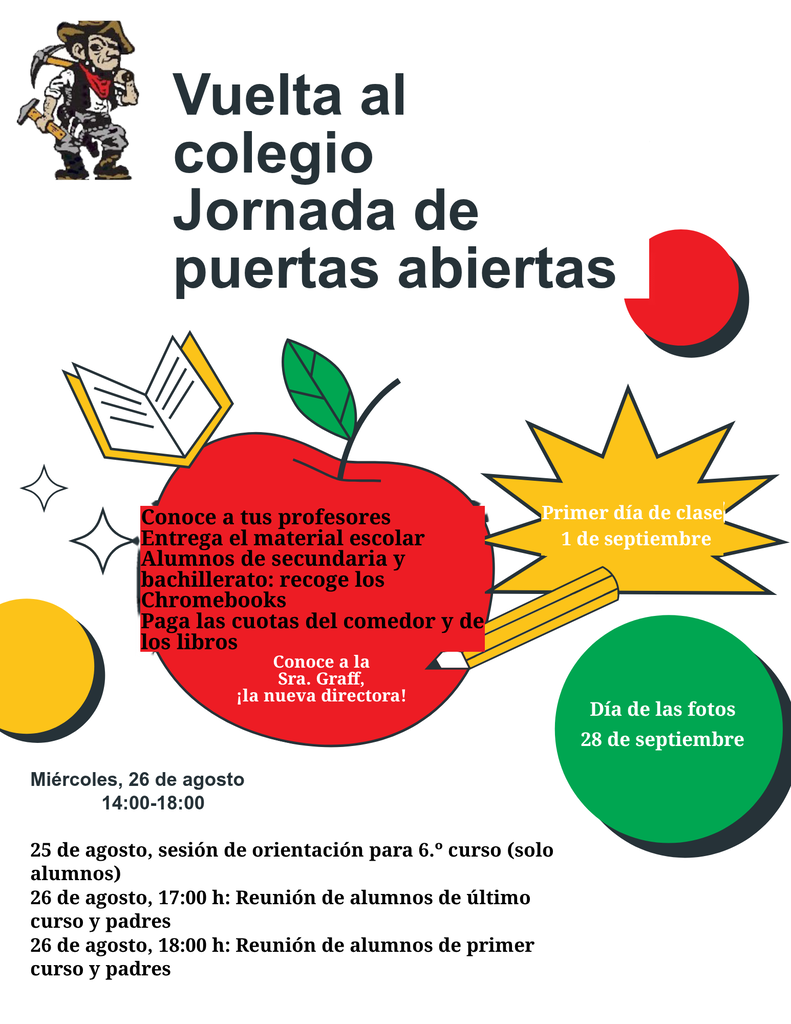 Brightly colored flyer with icons of an apple, book, and pencil. It displays a schedule for a "Vuelta al colegio" event.