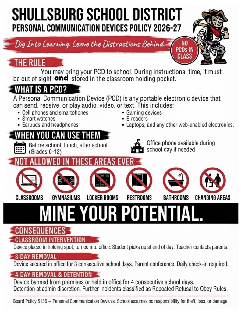 Policy for personal communication devices in the 2026-2027 Shullsburg School District. Text and icons outline the allowed and restricted times, locations, and consequences.