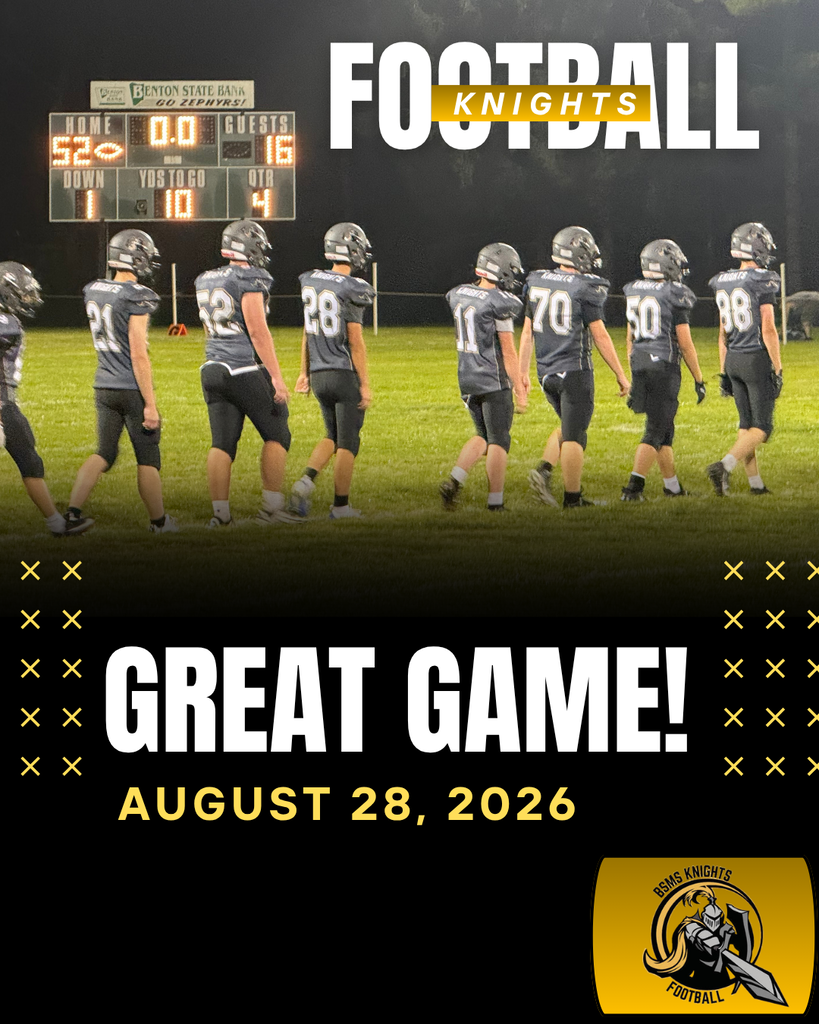Nine football players in uniform walking toward a scoreboard showing the score. The text reads "Knights Football" and "Great Game!" with a date below.