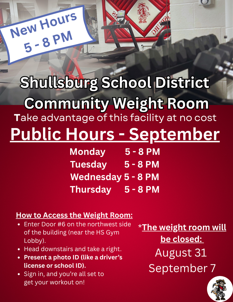 A poster with a red background advertises the Shullsburg School District's Community Weight Room. It highlights the new hours from 5 PM to 8 PM. Monday - Thursday, closed 8/31 & 9/7