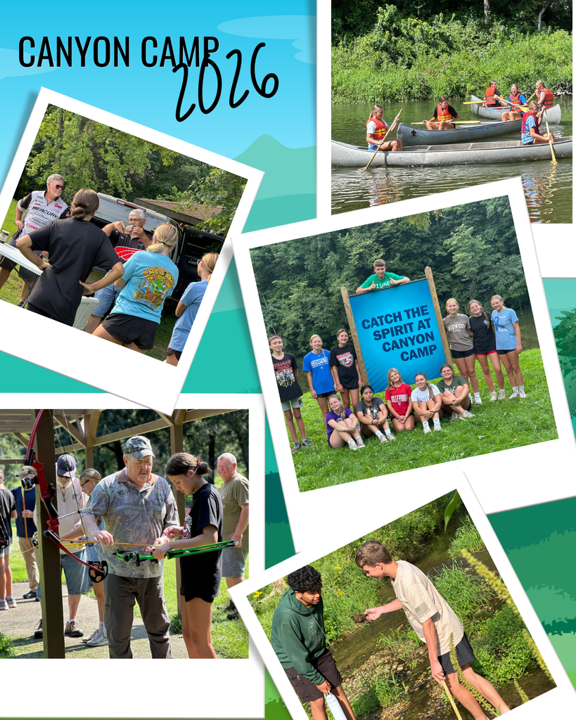 A collage of photos from a camping event. People are canoeing, posing for photos, and engaging in various activities.