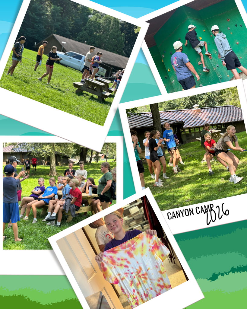 Various outdoor and indoor scenes from a camp. People are running, climbing, sitting, and holding a tie-dye shirt.