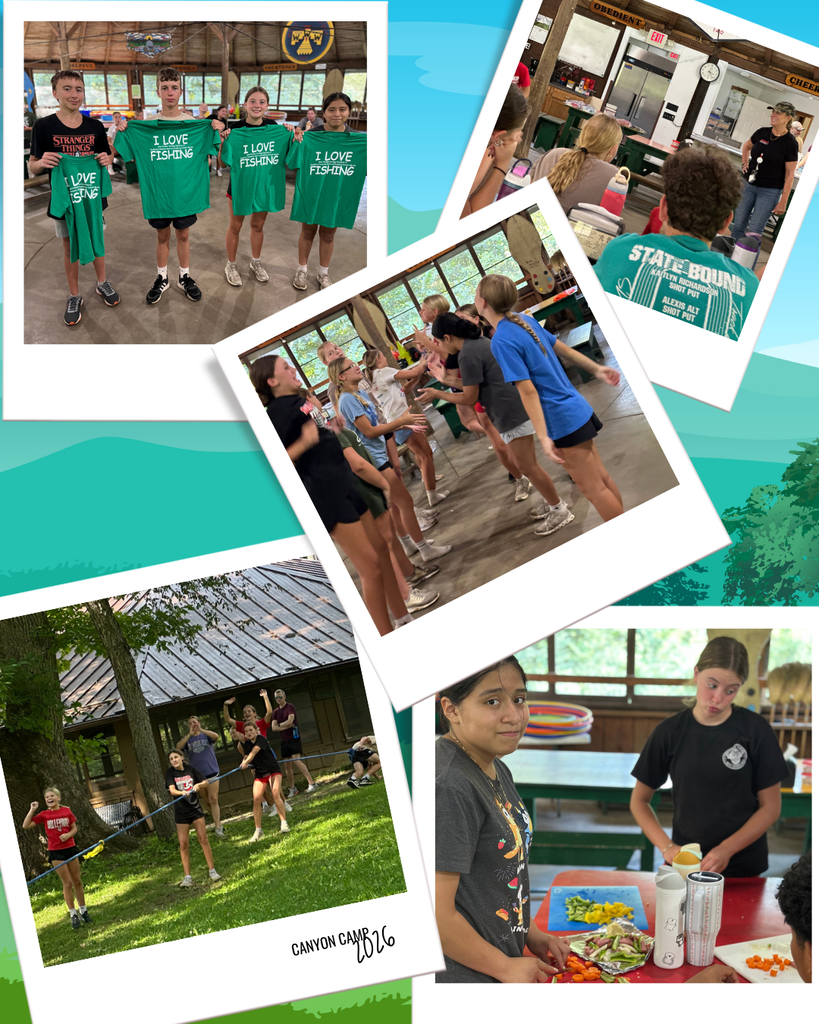 Four photos of people in a camp. One shows four young people wearing green shirts, another shows people standing in line, one shows people running, another shows a girl cooking.