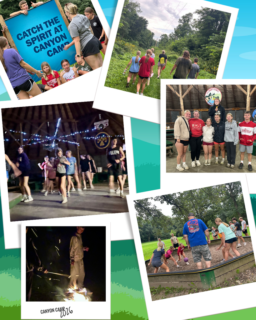 Collage of various photos. People in outdoor settings. Some wear camp T-shirts, others are in shorts. Activities include hiking, posing for photos, and campfire.
