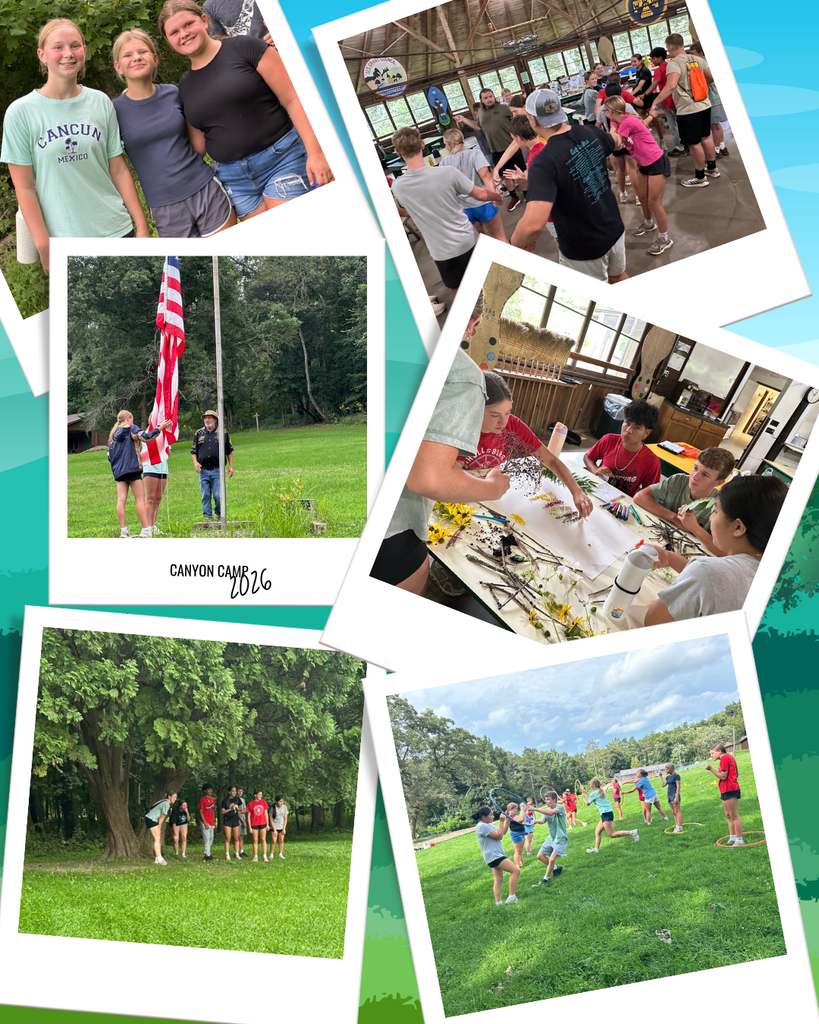 Multiple images of a group at a camp with people gathered in a hall, art activities, and flag raising.