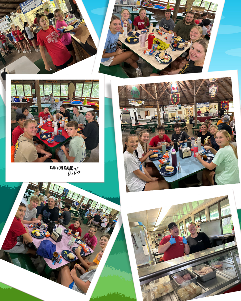 Collage of various groups sitting at tables. Each photo shows people in a canteen setting. Some wear casual clothing.