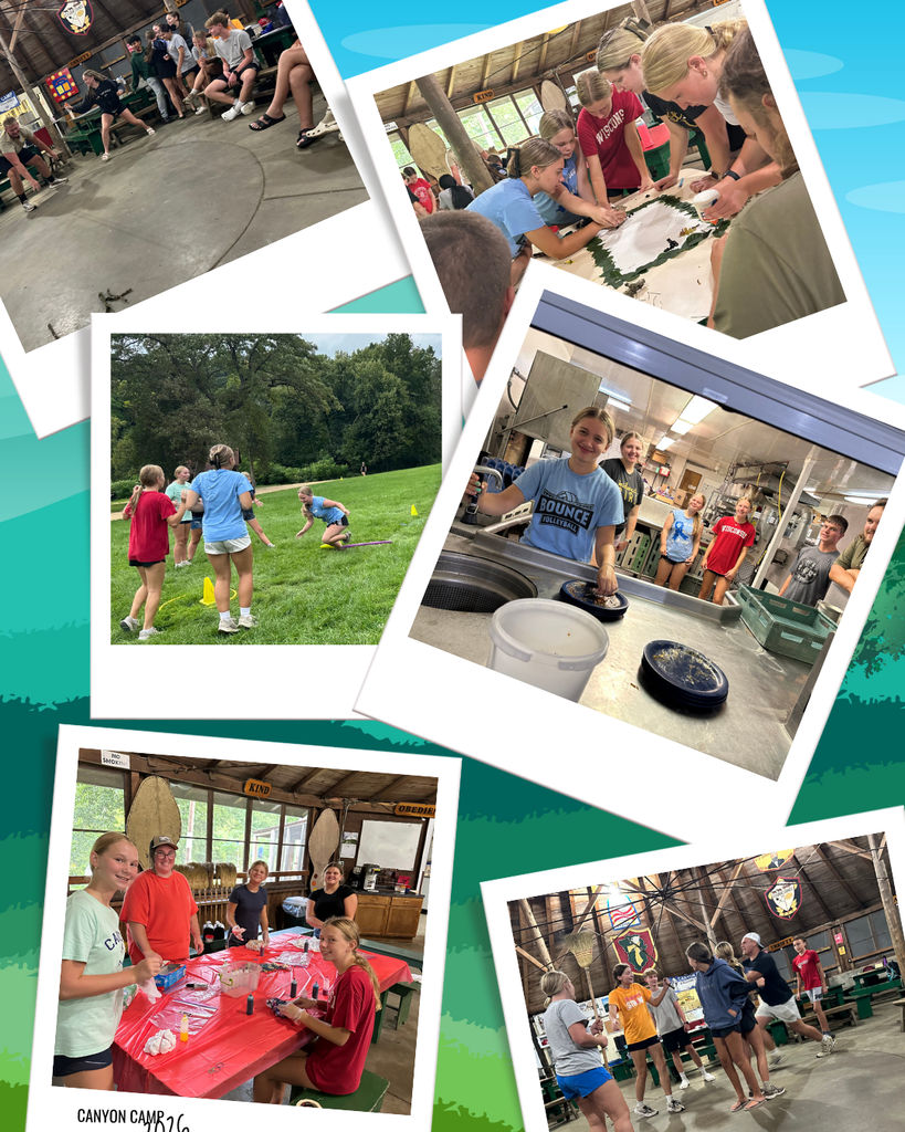 Collage of photos showing children in various activities at a camp; includes a playground, outdoor games, crafts, and indoor gatherings.