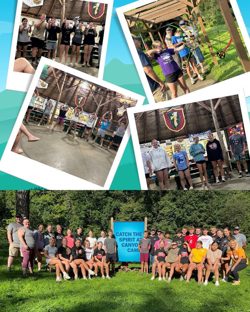 Multiple photos show people engaged in activities at a camp. Activities include archery and group gatherings.