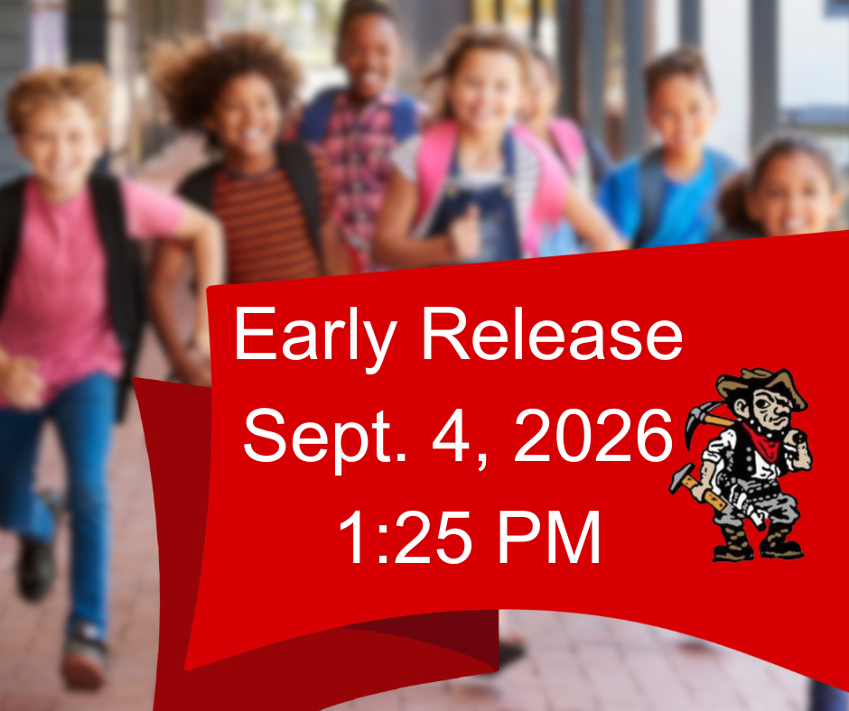 Children in school uniforms walk in a hallway with a red banner displaying release information for September 4, 2026.