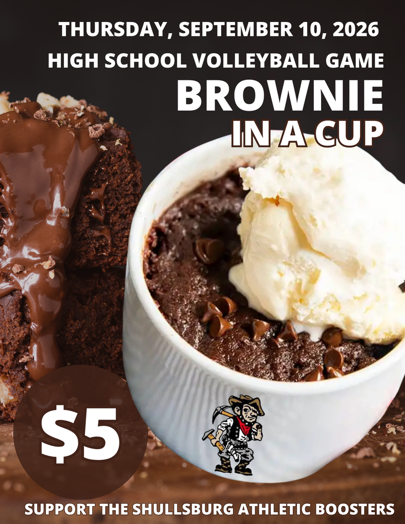 Advertisement for a Brownie in a Cup with ice cream on a white background. It is a high school volleyball game on September 10, 2026.